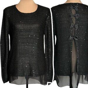 NWT Tunic Sweater Sz. L Black Knit Bows Layered Sequin Whimsigoth Gothic Witch
